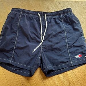 Vintage 90s Tommy Hilfiger Men’s Navy Swim Trunks, contrast stitch Size Medium